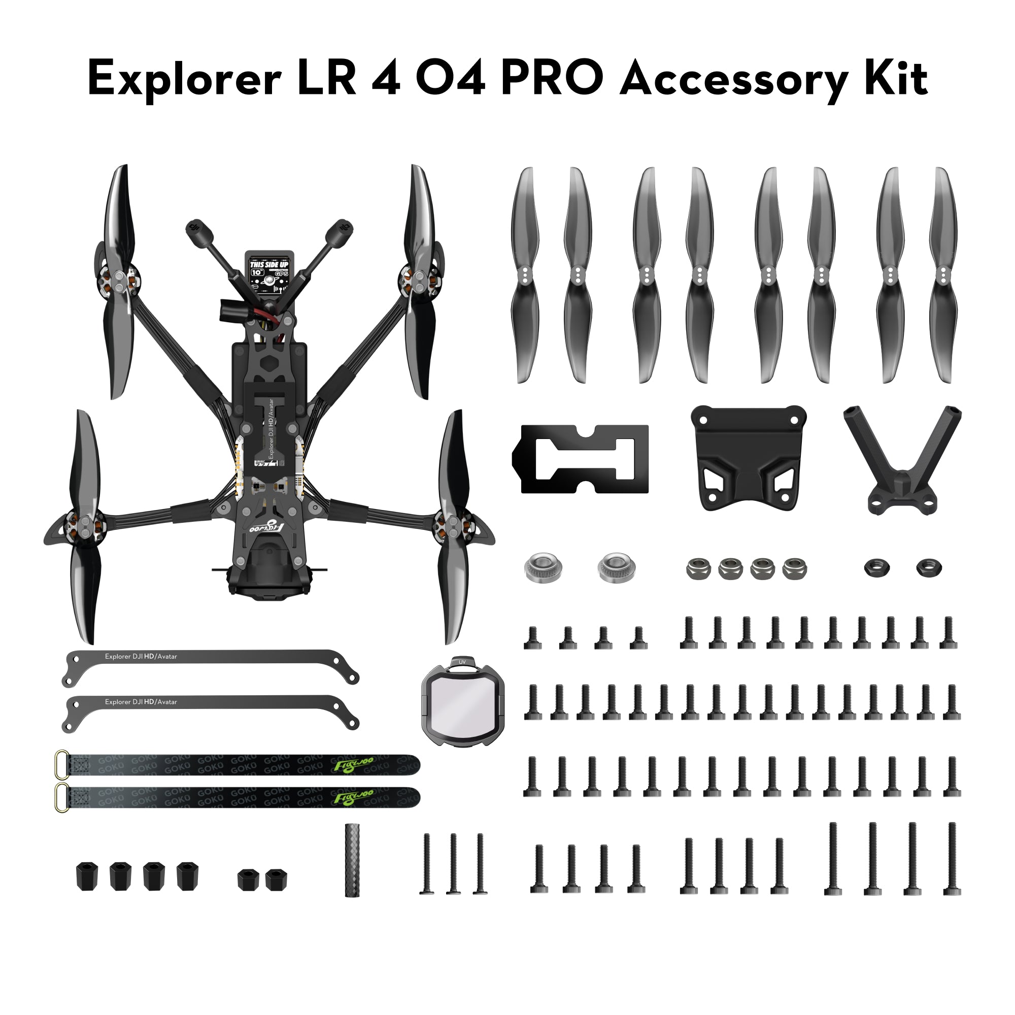 Explorer LR 4 O4 Pro V1 accessory kit with spare props and hardware