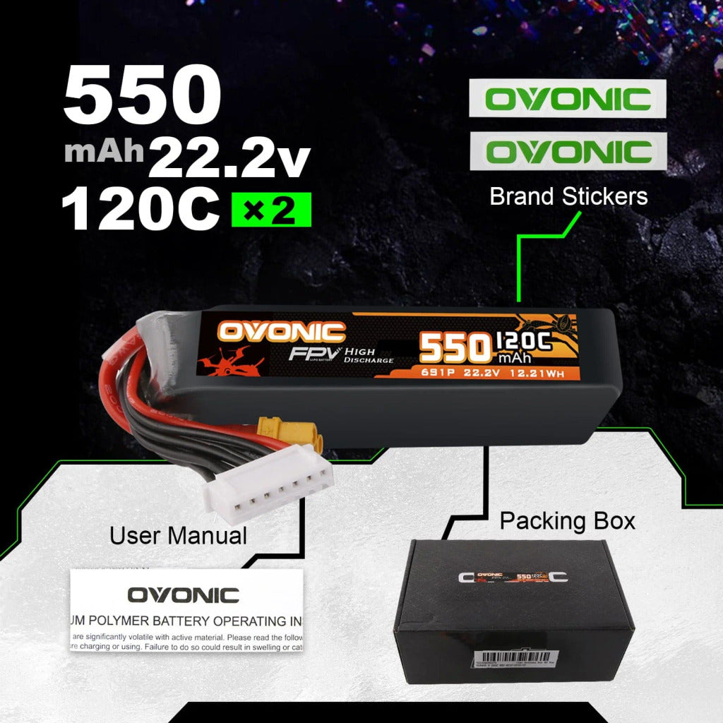 【Ovonic歐牌】120C 6S 550mAh&nbsp; 22.2V 適用於 FPV Cinewhoop 帶 XT30 一盒兩顆裝