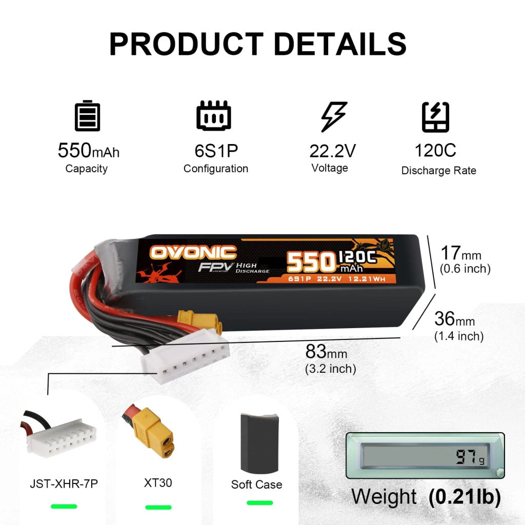 【Ovonic歐牌】120C 6S 550mAh&nbsp; 22.2V 適用於 FPV Cinewhoop 帶 XT30 一盒兩顆裝