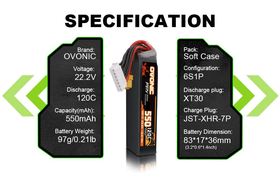 【Ovonic歐牌】120C 6S 550mAh&nbsp; 22.2V 適用於 FPV Cinewhoop 帶 XT30 一盒兩顆裝
