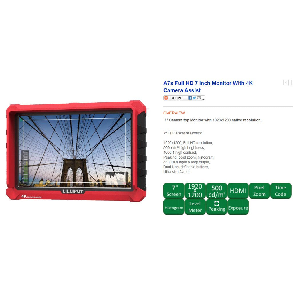 LILLIPUT利利普 A7s 7吋LCD液晶螢幕 4K HDMI 攝像 監視器 顯示器 單眼 5D4 A7