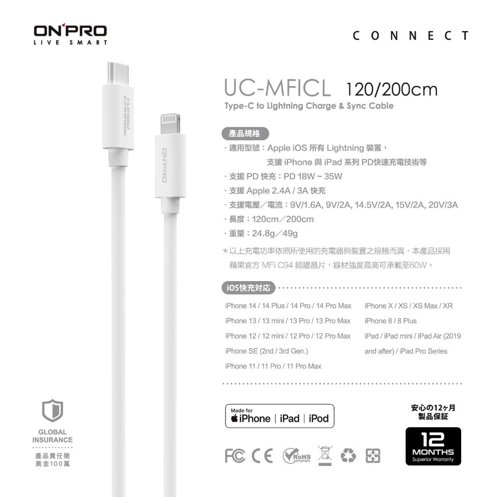 【ONPRO鴻普】UC-MFICL Type-C to Lightning 快充PD充電傳輸線(120cm / 200cm)