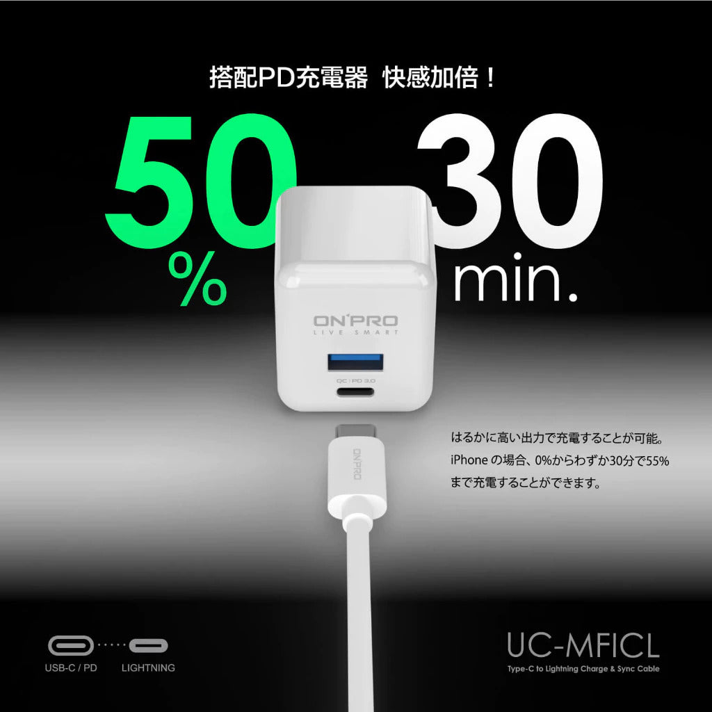 【ONPRO鴻普】UC-MFICL Type-C to Lightning 快充PD充電傳輸線(120cm / 200cm)