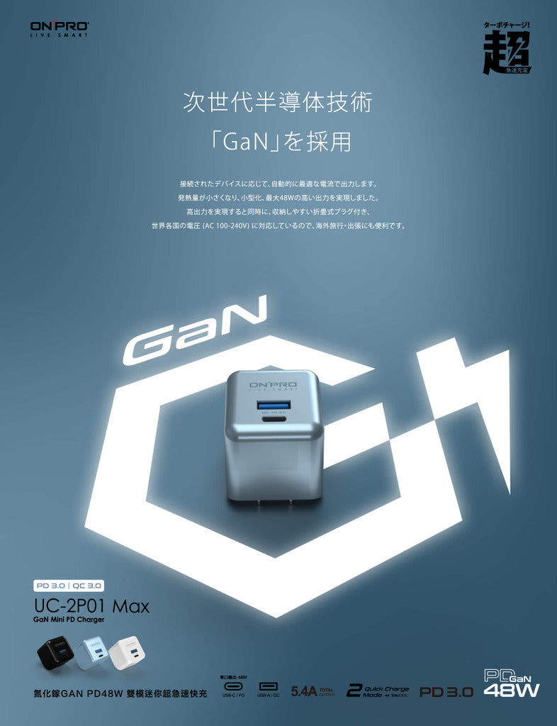 【ONPRO鴻普】UC-2P01 MAX GAN 48W 氮化鎵超急速PD充電器