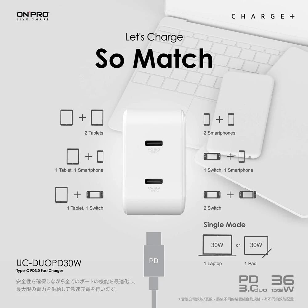 【ONPRO鴻普】UC-DUOPD30W雙孔Type-C 萬國急速USB充電器