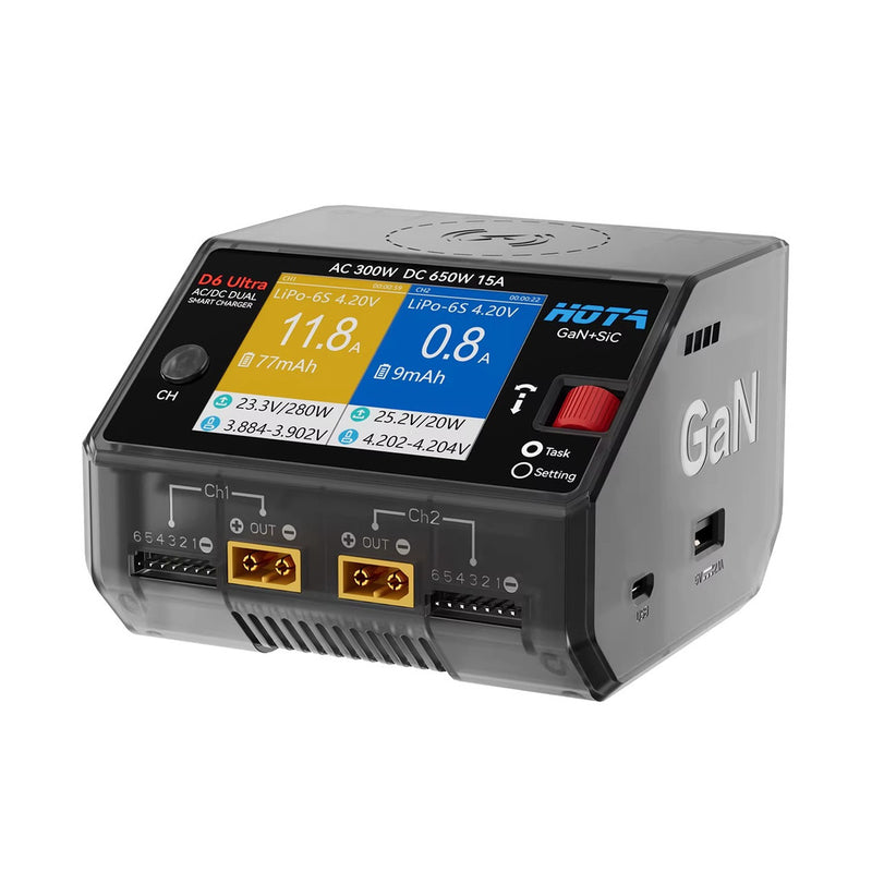 HOTA D6 Ultra 氮化鎵AC/DC AC 300W DC 650W15A雙通道智慧充電器 (透黑)